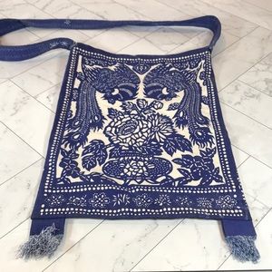 Vintage Asian bird Cotton Purse Satchel with Fringe Cream Blue Crane